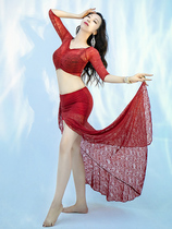 Belly dance costume female beginners practice uniform in sleeve slim V collar lace Oriental dance bag hip sexy long dress