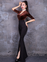 Temperament sexy V-neck sleeve velvet thin body etiquette practice show Dance Top high waist trousers Group suit