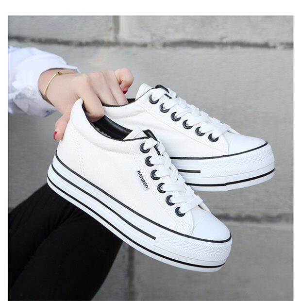 人本帆布鞋女小白鞋内增高厚底松糕布鞋女学生球鞋女单鞋韩版女鞋_7折