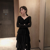 ByYou autumn sexy black shiny v-neck dress waist thin long section over-the-knee a-line cake skirt