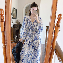 Seaside Resort Bali Sanya Tourism French niche blue ink flower and bird pattern breathable dress dress