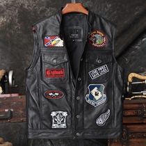 Son of chaos Youth motorcycle leather vest first layer cowhide leather multi-logo leather vest short slim tide