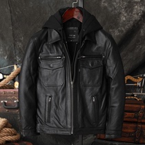 American Harley Heavy Locomotive Pure Heady Layer Cow Leather Leather Leather Clothing Male cotton Removable with hat leather jacket jacket