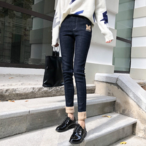  Plus velvet lamb wool jeans womens small feet autumn and winter 2021 new Korean high waist thin thick straight pants