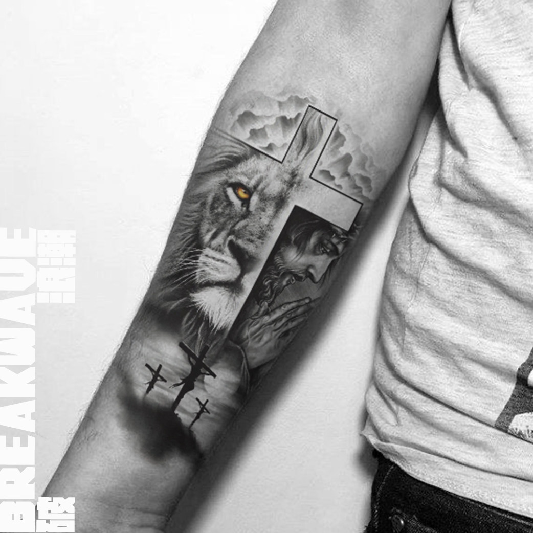 破浪潮纹身贴狮子十字架祈祷之手欧美风机车潮写实素描ins风花臂