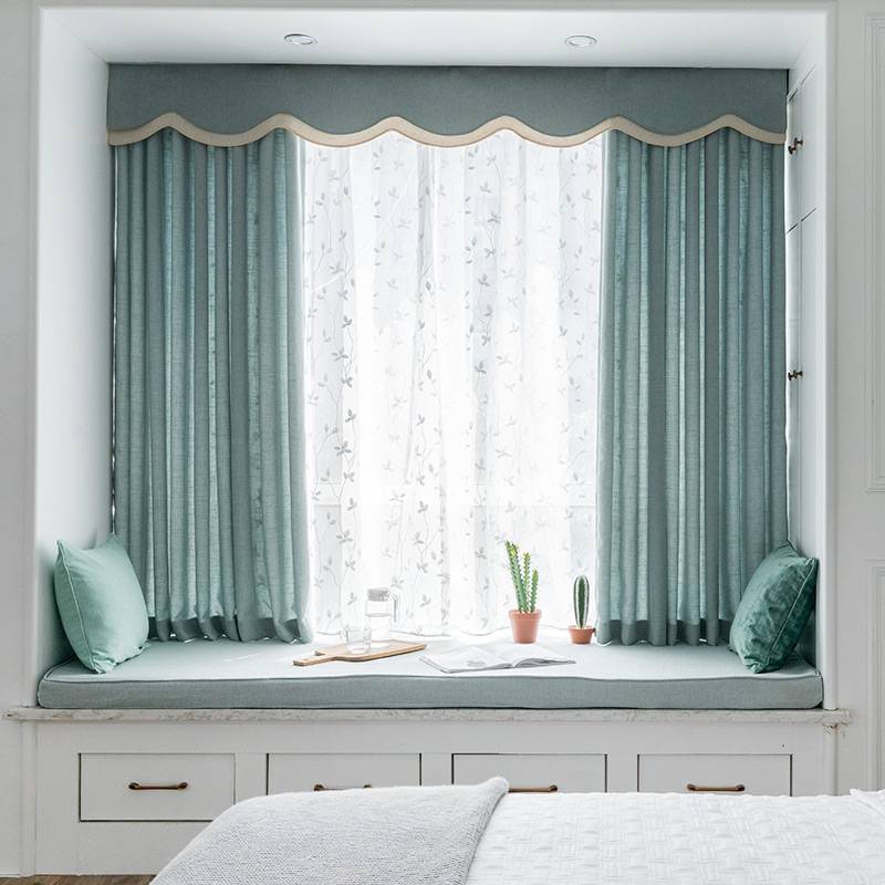 北欧简约棉麻窗帘纯色拼接带帘头榻榻米卧室飘窗短窗帘蓝色亚麻布