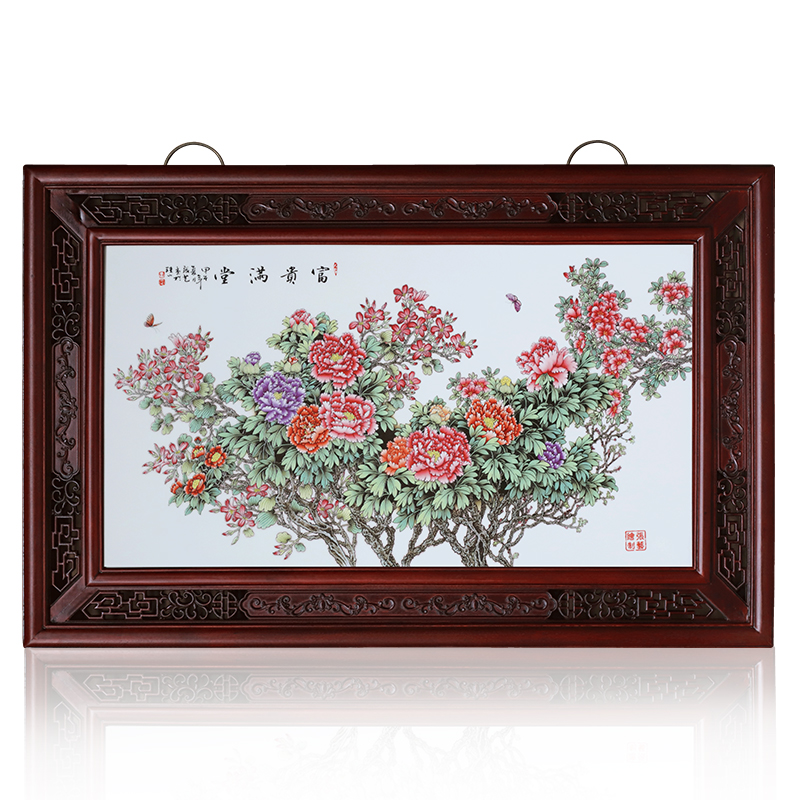 Jingdezhen ceramic central scroll the sitting room porch decoration to the hotel the peony Chinese box setting wall hangs a picture decorative porcelain plate painting