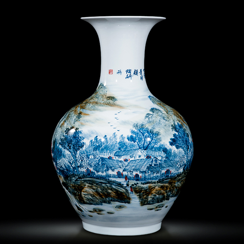 Jingdezhen ceramics celebrity hand - made the master of landscape painting large sitting room ground vase household office furnishing articles