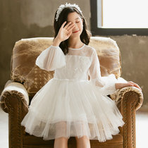 Spring and autumn winter plus velvet childrens princess dress girl white dress puffy wedding dress skirt little girl performance dress