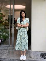 LOSTSOULS green v Collar Crushed Flower Skirt Woman 2021 Summer collection Waist Display Slim Temperament Long Style Bubble Sleeve Dress