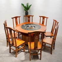 Round table marble fire wood hot pot table and chair combination smokeless hot pot restaurant restaurant farmhouse stew commercial household
