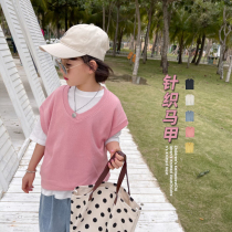 Cong family childrens V-neck vest 2021 autumn new boys and girls Korean knitted vest loose waistcoat top