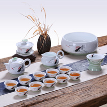 Tea set Ceramic hand-painted lotus home living room Chinese modern simple anti-scalding white teapot cover bowl tea cup