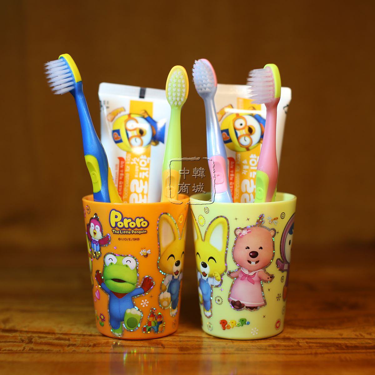韩国啵乐乐pororo儿童4牙刷 牙膏 牙杯套装小企鹅宝宝漱口6件套盒