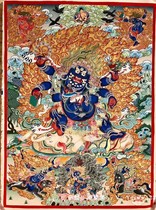 Pavilion-level Qinghai Zhegon Great Black Sky Six-arm Maha Galapure hand-painted Tibetan handmade Donka hanging painting