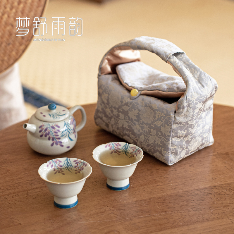 Grass Wood Grey Hand-painted Purple Vine Flowers One Pot Two Cups Outdoor Travel Tea Set Portable Cloth Bag Tea Gift Suit Light Lavish Gift-Taobao