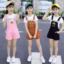 Girls Summer Strap Shorts Set 4-12-year-old Middle and Childrens Short-sleeved Backband Pants Two-piece Cotton