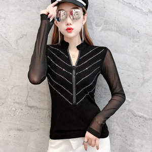 Autumn and Winter New Heavy Work T-shirt Long-sleeved Mesh Yarn