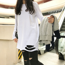 Fall winter long white hole long sleeve T-shirt ladies cotton plus velvet padded bottoming shirt loose large size jacket