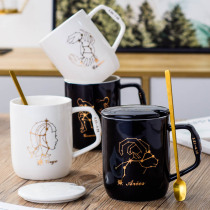 doodle twelve constellations ceramic mug with lid spoon Creative black and white male and female lovers coffee cup ins water cup