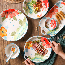 Hand-painted flowers underglaze color Japanese ceramic tableware Creative Western plate Breakfast bowl Noodle bowl Household dish plate