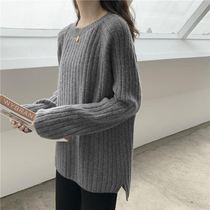 Sweater 2021 New female autumn and winter loose Short-style Lazy Wind Lazy Wind Pure Color Knitwear Bottom Round Collar Blouse