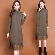 Half-height collar knit one-piece dress woman mid-length 2021 autumn and winter sky Conspiculy Lean to the bottom of the knee with a large coat of sweater