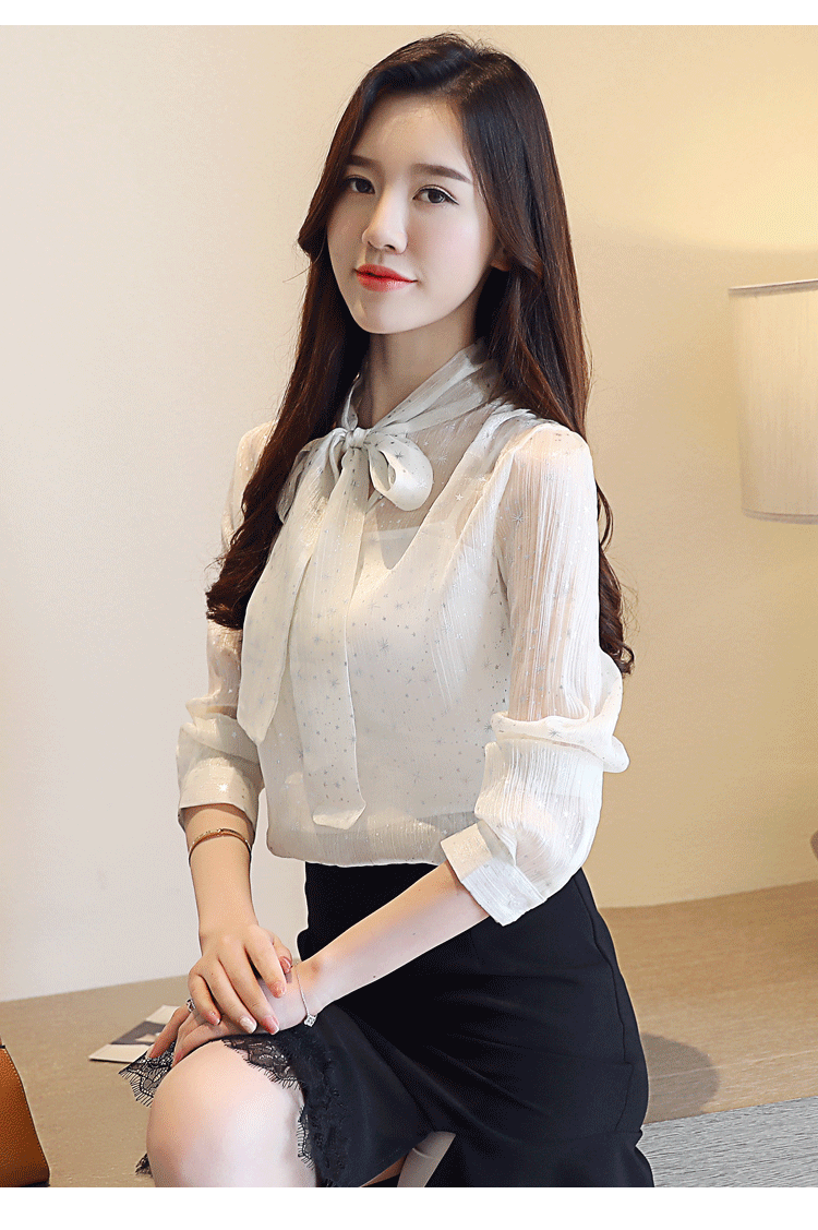 实拍#2018秋新款韩范星星衬衫新款长袖修身雪纺蝴蝶结女衬衣