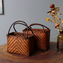Pastoral series bamboo woven Hand bag with lid retro hand woven bamboo basket square storage bamboo basket