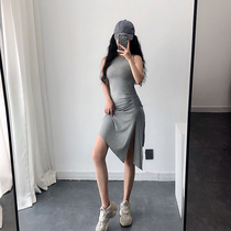 Young-GirlDay Europe and America Sexy tight fit slim without sleeves Waist Folds Irregular Open Fork Dress Short Skirt