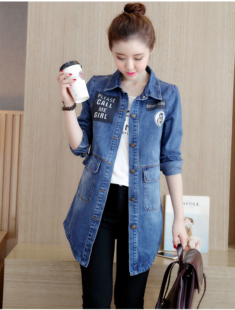 实拍新款韩版 中长款百搭长袖牛仔风衣修身印花牛仔外套女-飘女郎牛仔