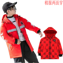 The boys long cotton - coat reflective strip and cap thickened two sides wearing cotton - cotton - winter childrens clothing 2021 coat