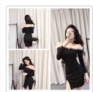 Autumn and winter new hairy one-line collar hem with split buttocks and thin bottoming dress