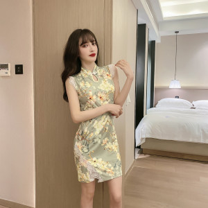 Sexy nightclub hollowed out temperament improved cheongsam lace slim wrap hip split dress