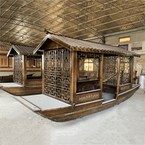 Millennium boat Chinese antique dining wooden boat handmade solid wood flower grid window with dining table can be taken into the water