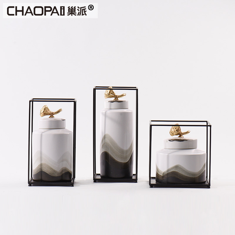 Contracted wave grain ceramic pot of new Chinese style furnishing articles, creative household act the role ofing is tasted example room sitting room soft outfit, wrought iron decoration