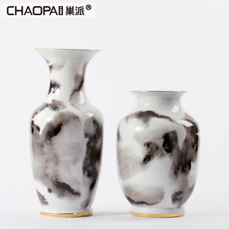 Creative new Chinese ink painting porcelain pot furnishing articles example room classical flower vase indoor furniture decoration