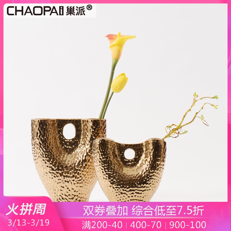 Creative move electroplating gold ceramic vase furnishing articles sitting room of Europe type restoring ancient ways the desktop cellular flower arranging flower decoration