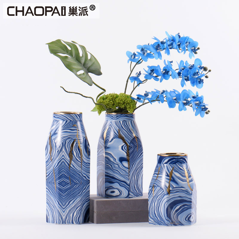 Modern Chinese style blue ceramic flower vases furnishing articles creative club hotel rooms soft adornment bedroom to study