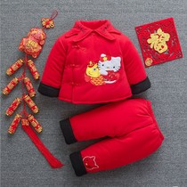 Female baby winter suit 0-1-2-3 years old infant year old plus velvet thickened festive season dress