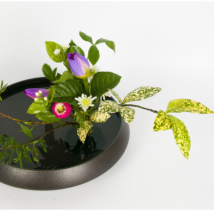 中式日式花道小源流插花禅意 中华花艺水盘水盆磨砂黑色手工陶瓷