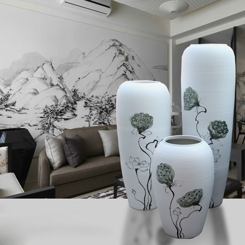 Ceramic floor big vase dried flowers, hand - made white variable flower arranging modern European sitting room hotel villa decoration furnishing articles