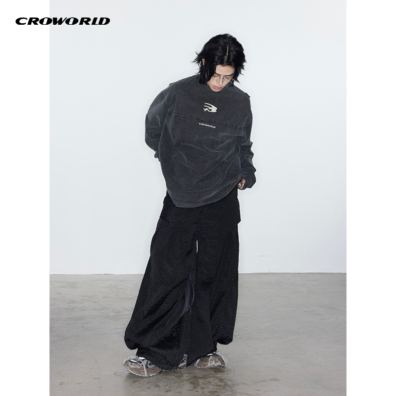 CROWORLD 重磅洗水打底拼接毛边长袖T恤宽松圆领纯棉上衣男女同款