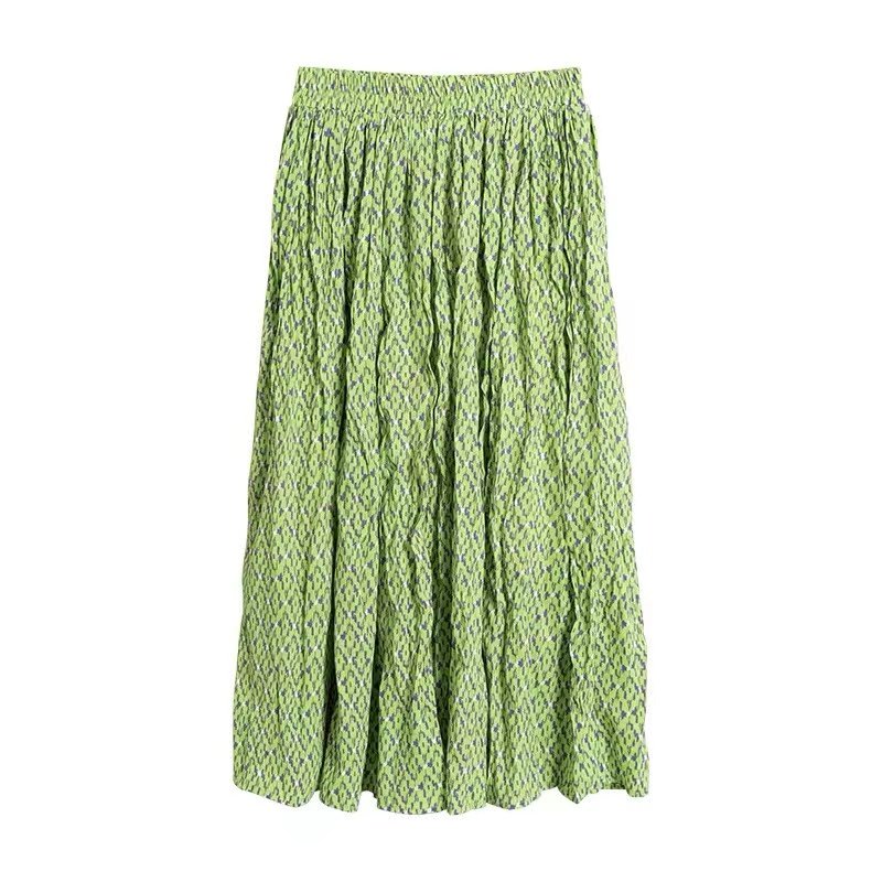 绿色碎花半身裙女夏季2022新款法式褶皱显瘦高腰中长款a字百褶裙 - 17