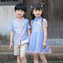 Childrens Tang suit Hanfu 2021 summer boys and girls Chinese style print short sleeve two-piece baby Chinese school uniform