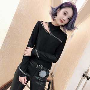 new hot drill shoulder show thin long sleeve bottom trendy T-shirt 