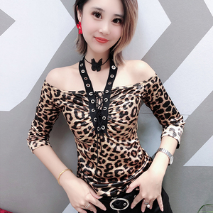 New Night Club Wind Sexy Leopard Mark Show Shoulder Slim T Top 
