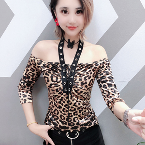 New Night Club Wind Sexy Leopard Mark Show Shoulder Slim T Top 