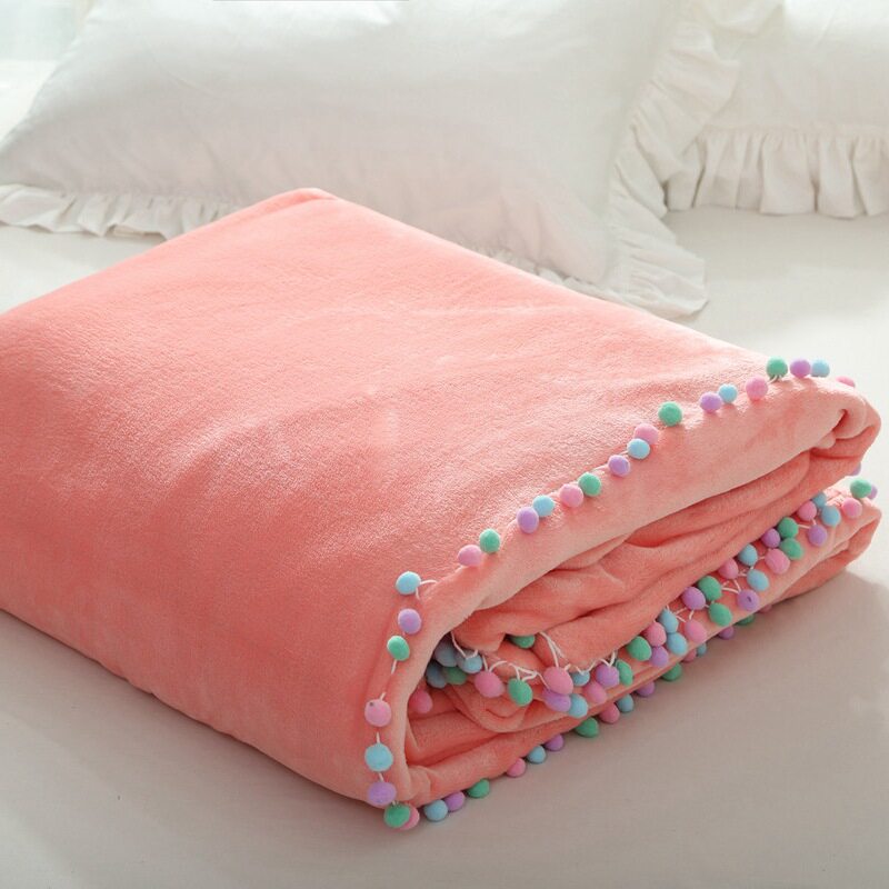双层花边韩式加厚球球毛毯 保暖盖毯 马卡龙色花边多功能休息毯