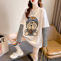 Pregnant women wear top spring outfit 2022 new long-sleeved t-shirt female spring and autumn splicing fake two pieces out